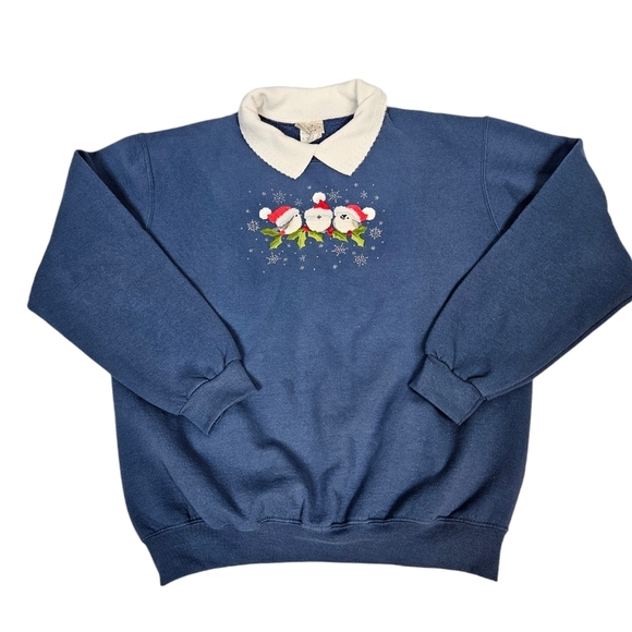 Morning Sun Blue Collared Bird Christmas Sweatshirt Size Large Women's K29‎ - Picture 1 of 13